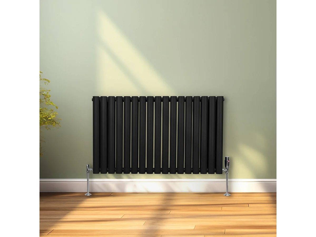 Radiatore a colonna ovale 600 mm x 1020mm Designer Doppio pannello Termosifone Nero Acciaio Orizzontale Inclusi Spazzola per la pulizia Kit di fissaggio e staffe