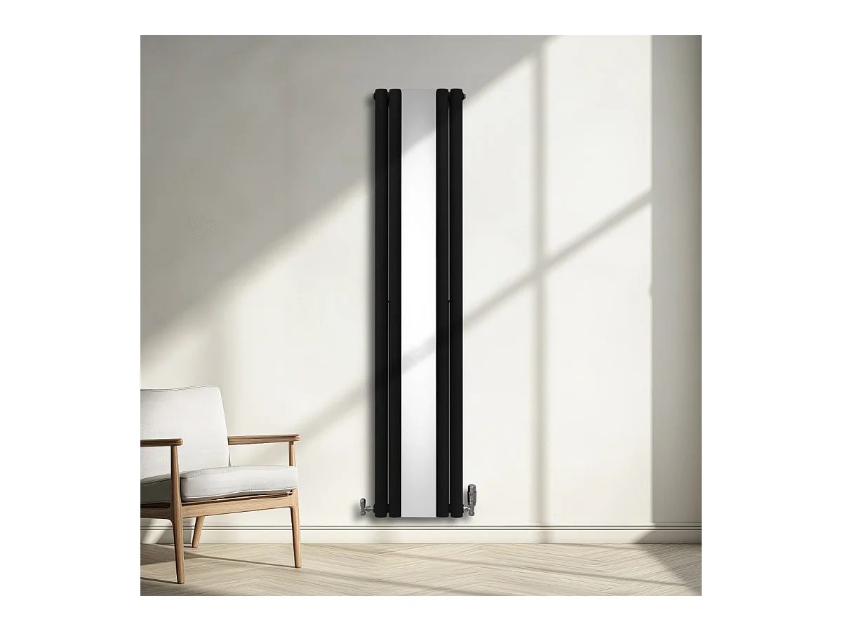 Radiador de Columna Ovalada con Espejo y Válvulas cromadas TRV, Negro, 1800 mm x 380 mm