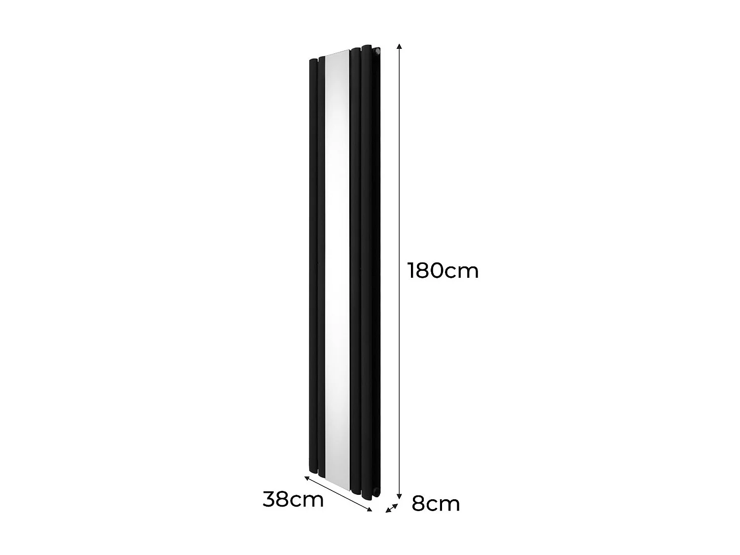 Owalny grzejnik lustrzany i zawory - 1800 mm x 380 mm - czarny