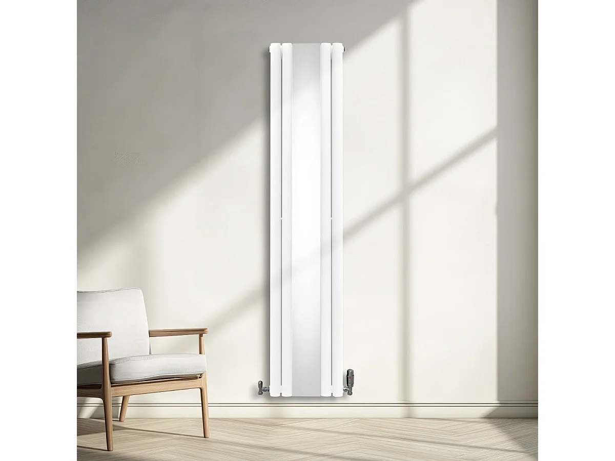 Owalny grzejnik lustrzany i zawory - 1800 mm x 380 mm - biały