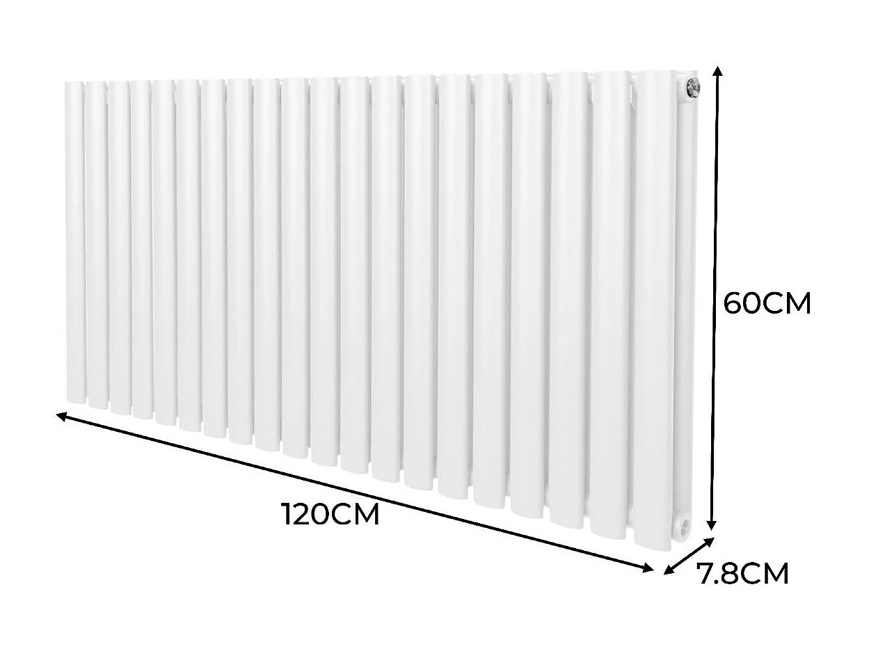 Radiatore a colonna ovale 600 mm x 1200mm Designer Doppio pannello Termosifone Bianco Acciaio Orizzontale Inclusi Spazzola per la pulizia Kit di fissaggio e staffe