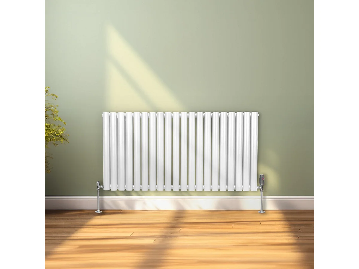Radiatore a colonna ovale 600 mm x 1200mm Designer Doppio pannello Termosifone Bianco Acciaio Orizzontale Inclusi Spazzola per la pulizia Kit di fissaggio e staffe