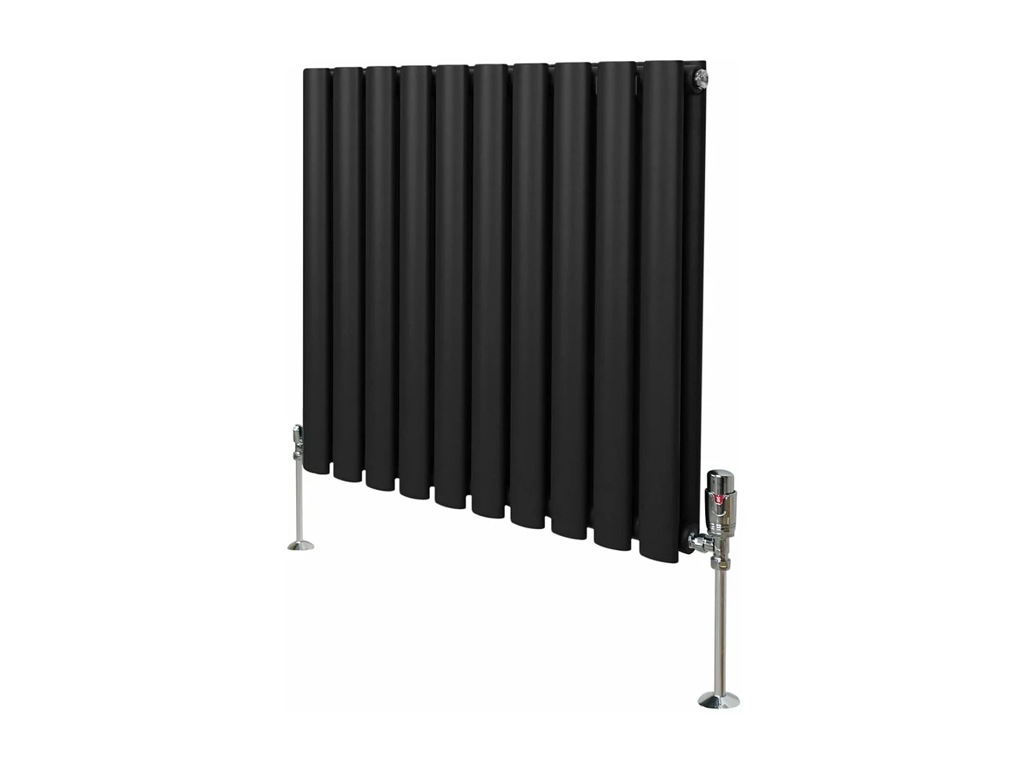 Radiatore a colonna ovale e valvole cromate TRV - 600 mm x 600 mm - Nero