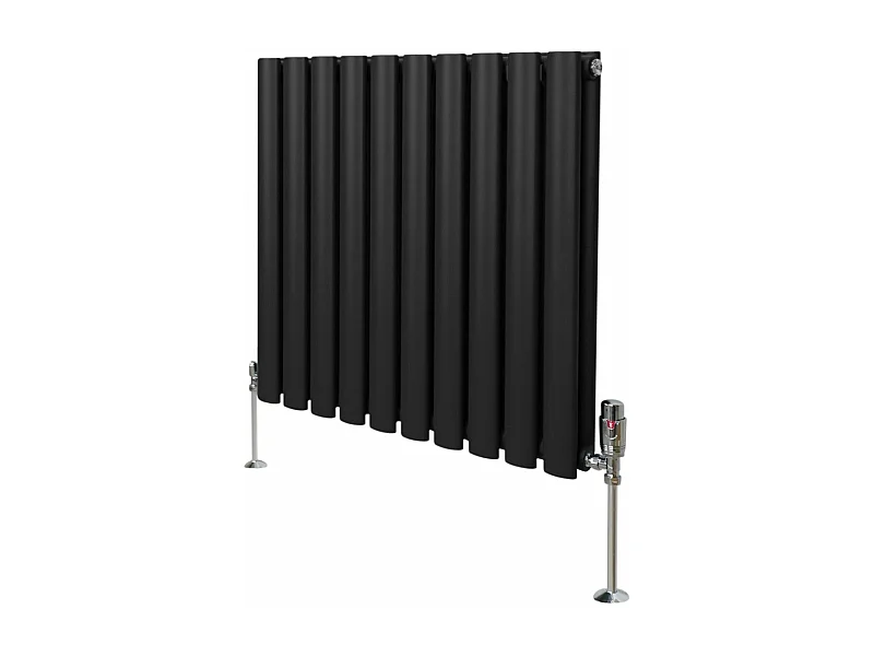 Radiatore a colonna ovale e valvole cromate TRV - 600 mm x 600 mm - Nero