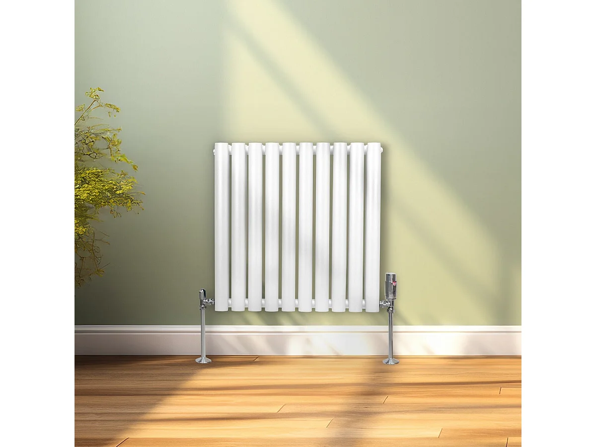 Radiatore a colonna ovale 600 mm x 600 mm Designer Doppio pannello Termosifone Bianco Acciaio Orizzontale Inclusi Spazzola per la pulizia Kit di fissaggio e staffe