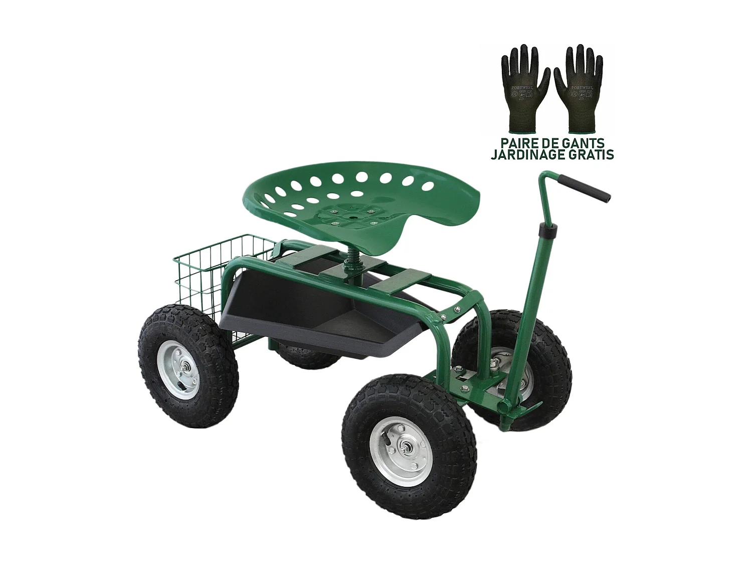 Siège pour Jardin Robuste Vert avec Panier et Bac à Outils