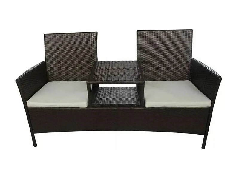 Banc de jardin 2 places résine tressée marron et coussins blanc Kim