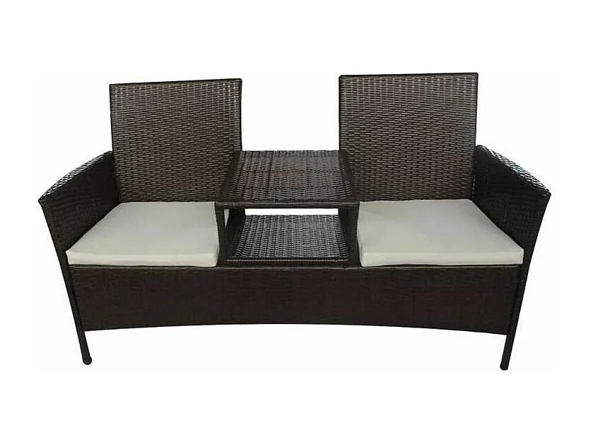 Banc de jardin 2 places résine tressée marron et coussins blanc Kim