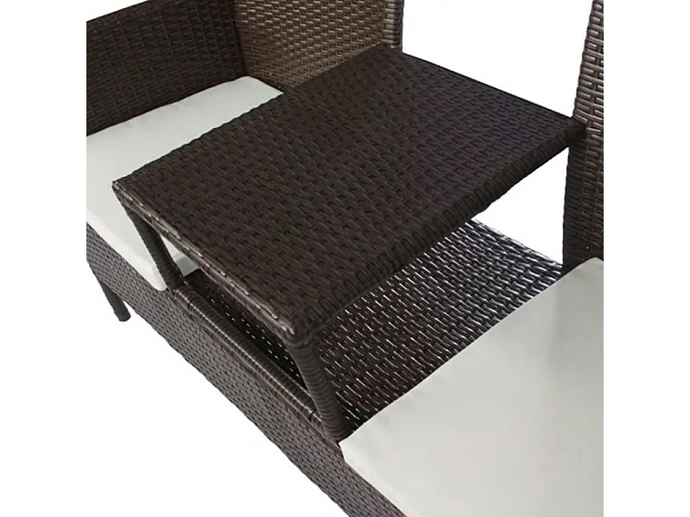 Banc de jardin 2 places résine tressée marron et coussins blanc Kim