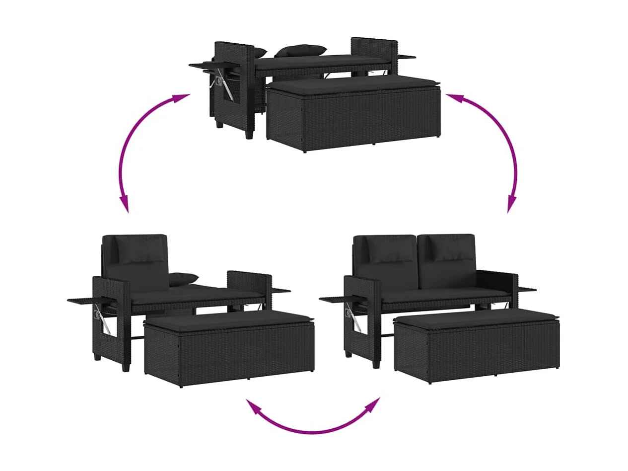 Banc inclinable de jardin avec coussins noir résine tressée