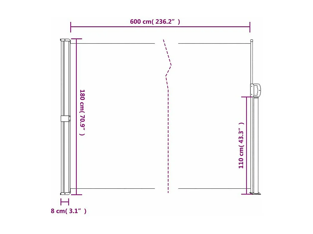 Auvent latéral rétractable beige 180x600