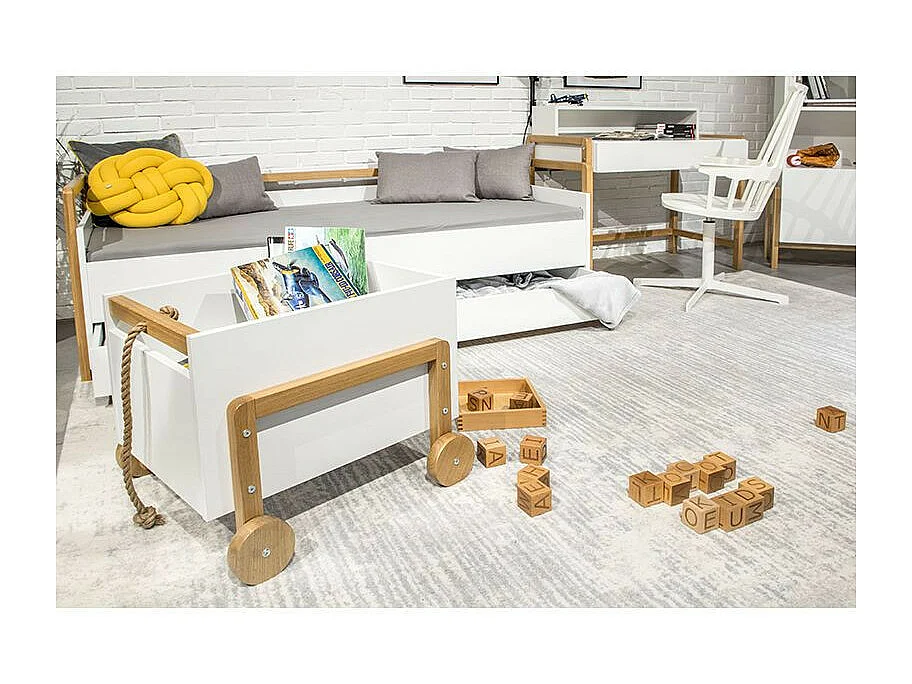 Coffre de rangement enfant scandinave blanc et bois de chêne Vanka