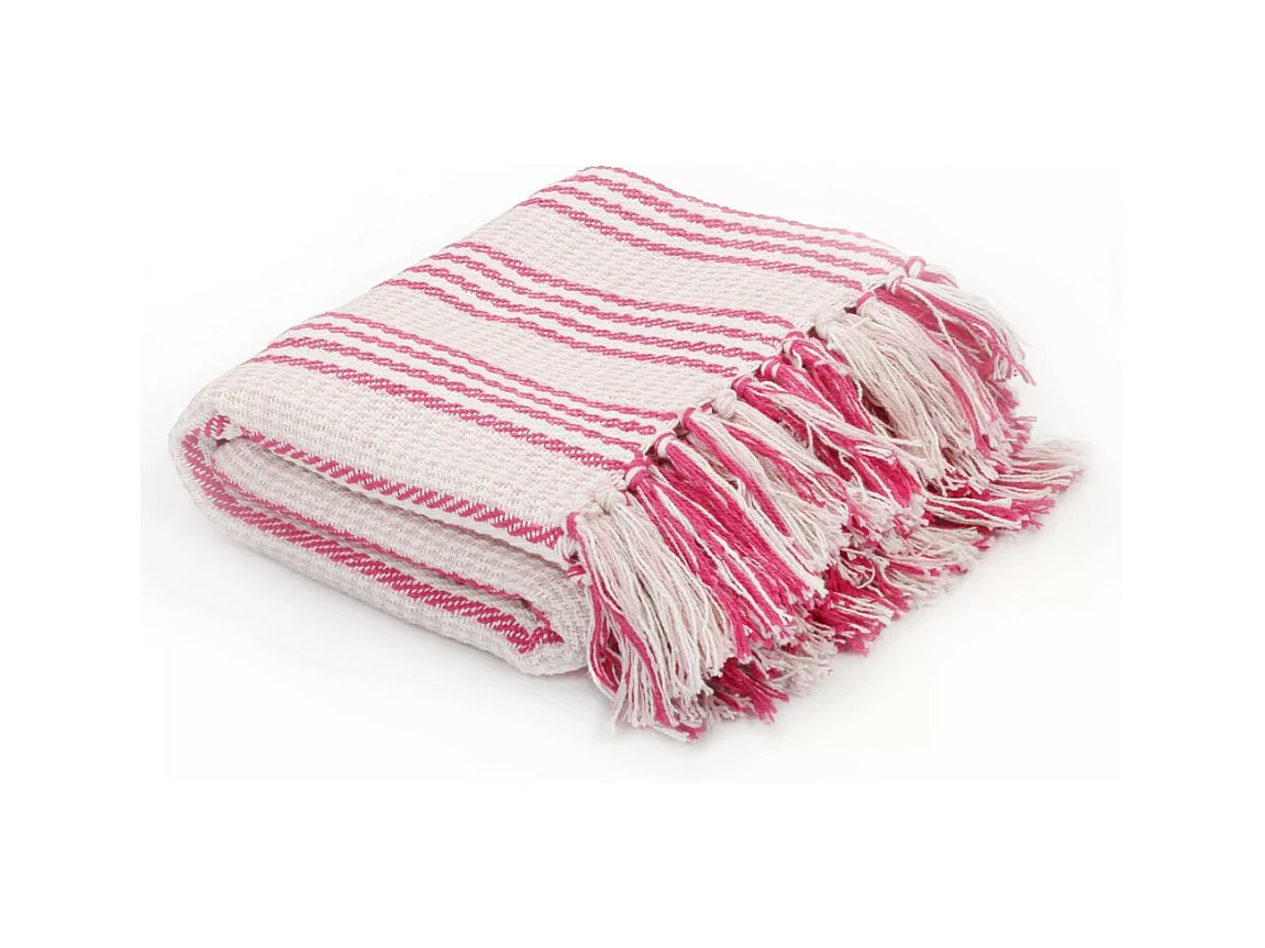 Couverture coton à rayures 220x250 Rose et Blanc