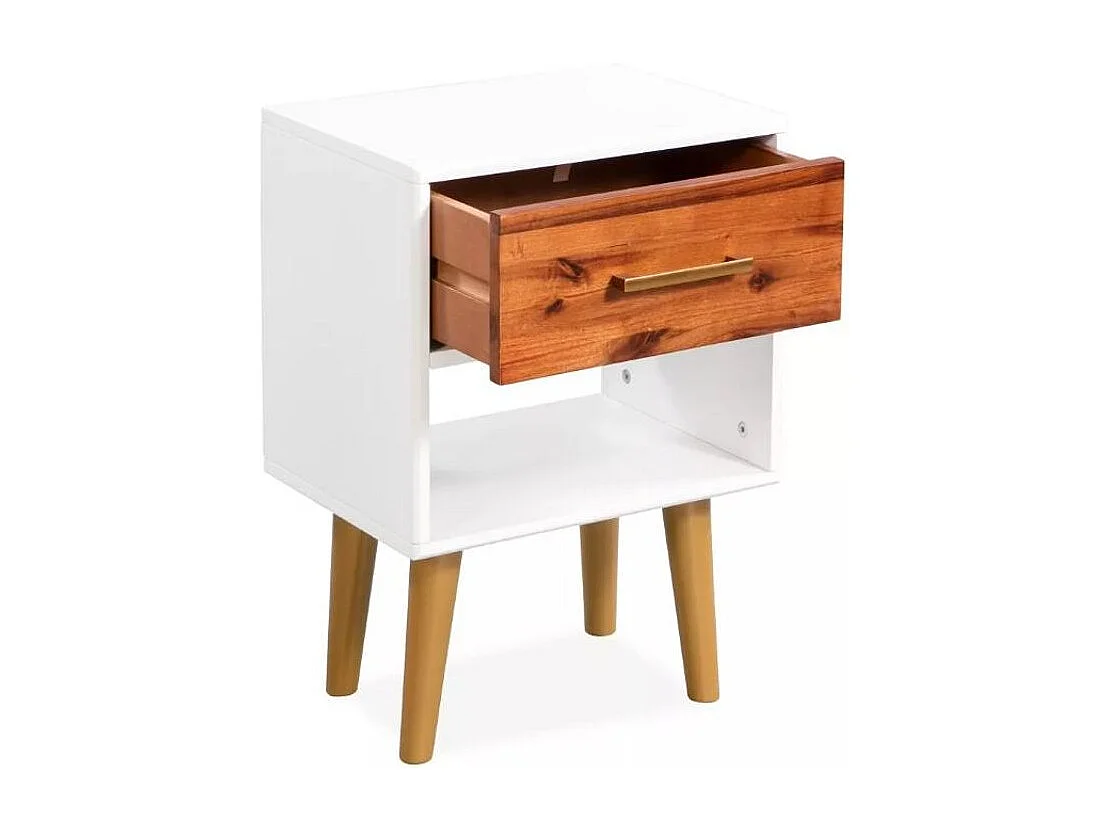 Table de chevet 1 tiroir et 1 niche acacia massif foncé et blanc Soken