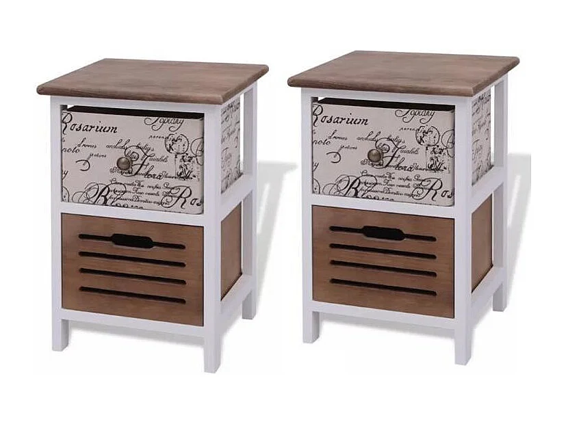 Table de chevet 2 tiroirs bois paulownia foncé et blanc Kouaki - Lot de 2