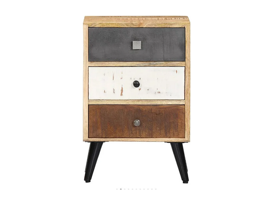 Table de chevet 3 tiroirs manguier massif clair et pieds métal noir Bastia