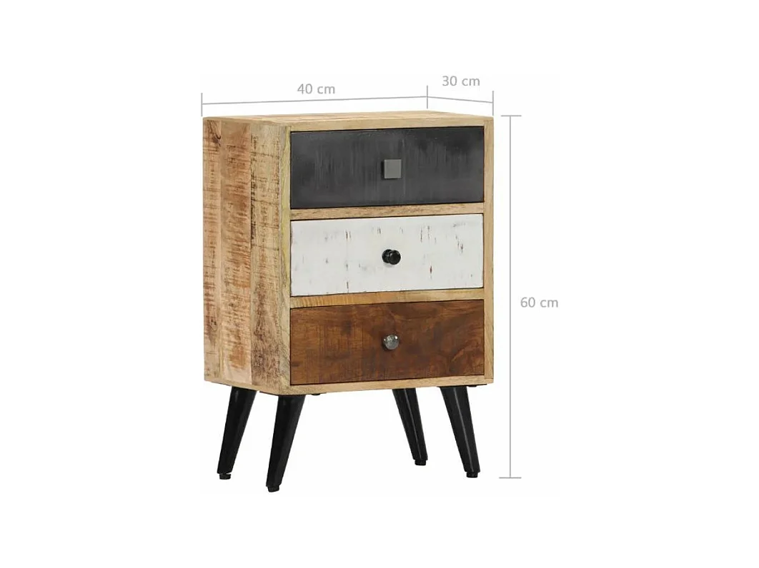 Table de chevet 3 tiroirs manguier massif clair et pieds métal noir Bastia