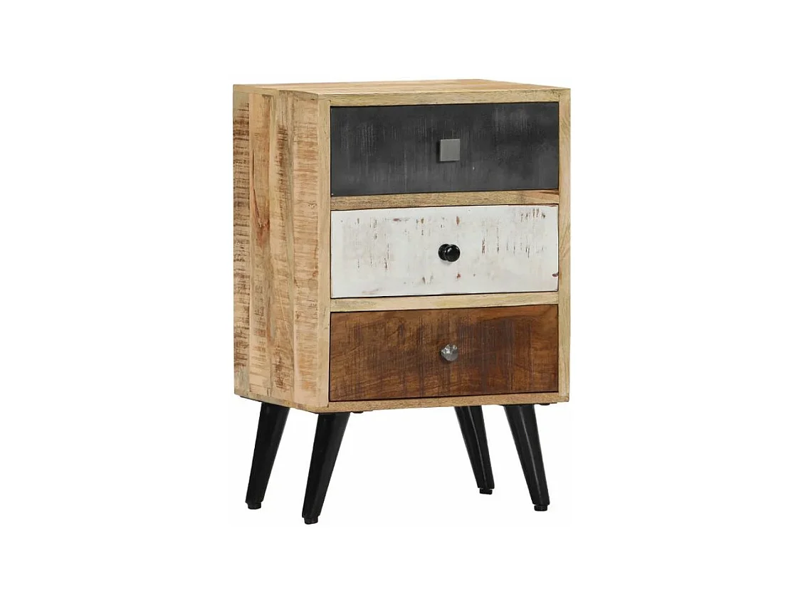 Table de chevet 3 tiroirs manguier massif clair et pieds métal noir Bastia