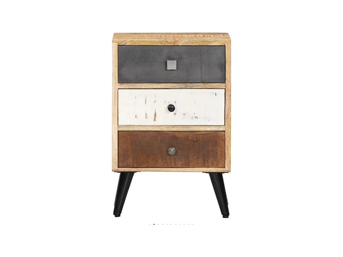 Table de chevet 3 tiroirs manguier massif clair et pieds métal noir Bastia