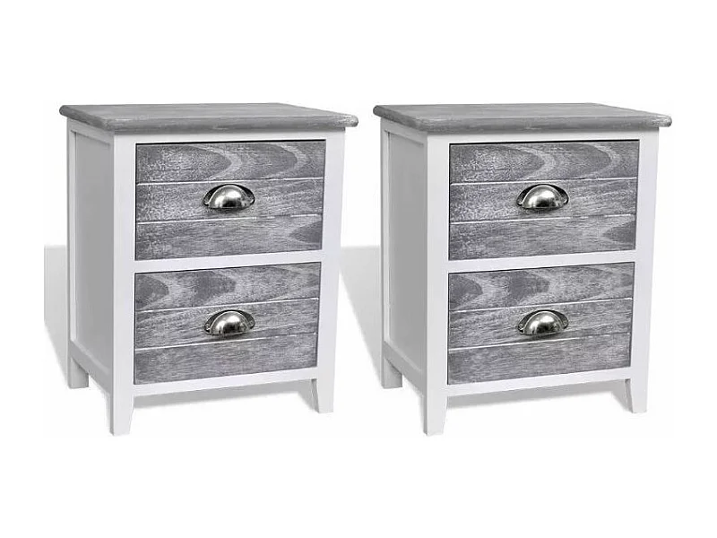 Table de chevet 2 tiroirs bois paulownia blanc et gris Poupa - Lot de 2