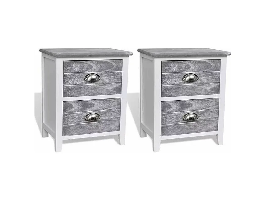 Table de chevet 2 tiroirs bois paulownia blanc et gris Poupa - Lot de 2