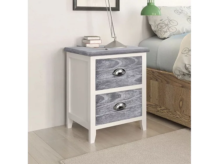 Table de chevet 2 tiroirs bois paulownia blanc et gris Poupa - Lot de 2