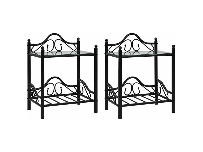 Table de chevet 2 étagères métal noir et verre trempé Pounky - Lot de 2