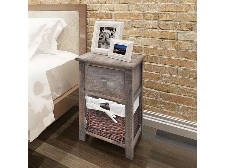 Table de chevet 1 tiroir et 1 panier paulownia massif foncé Poupa - Lot de 2