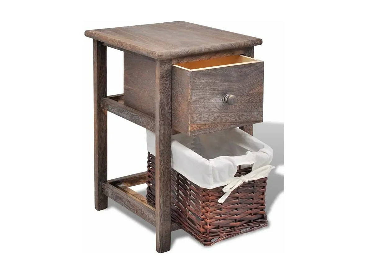 Table de chevet 1 tiroir et 1 panier paulownia massif foncé Poupa - Lot de 2