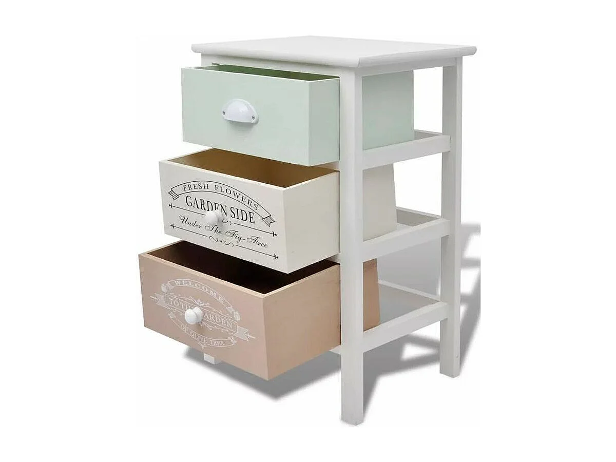 Table de chevet 3 tiroirs bois paulownia massif blanc Frenchy