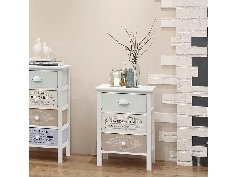 Table de chevet 3 tiroirs bois paulownia massif blanc Frenchy