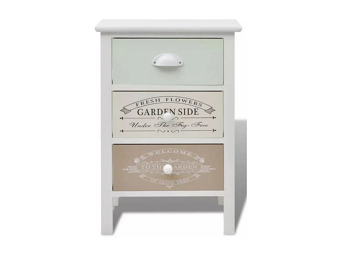 Table de chevet 3 tiroirs bois paulownia massif blanc Frenchy