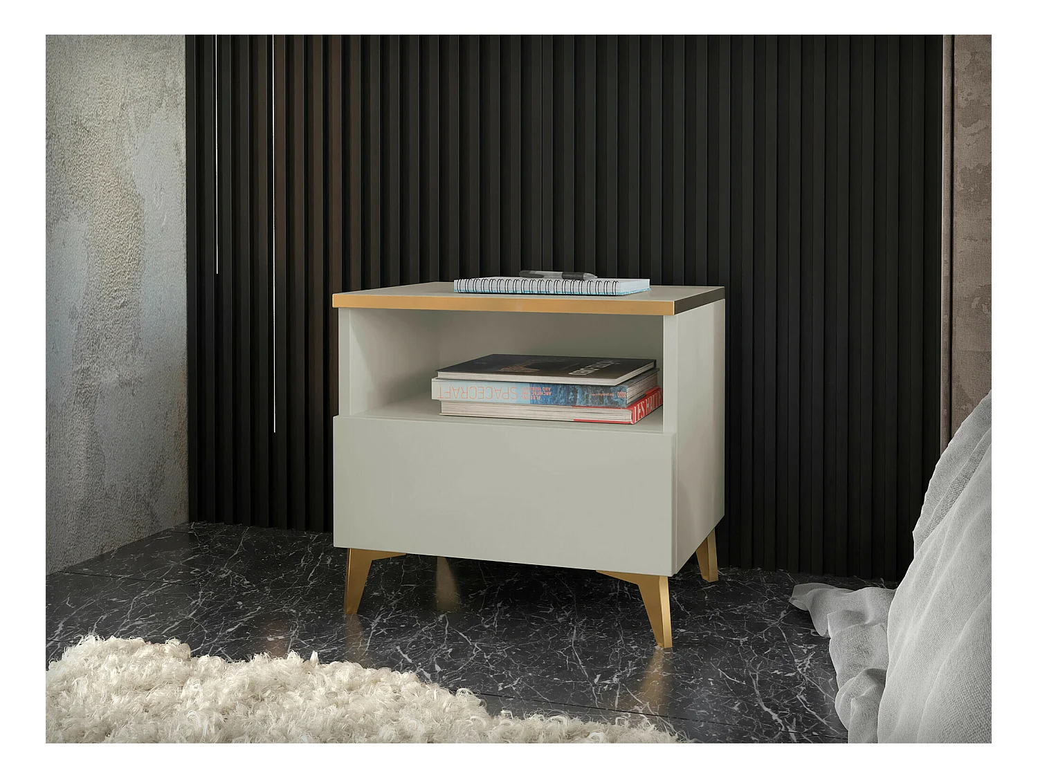 Table de chevet Comfivo Virfera 105, Brillant Beige|Doré|Beige, 50x50x40cm, Stratifié|MDF