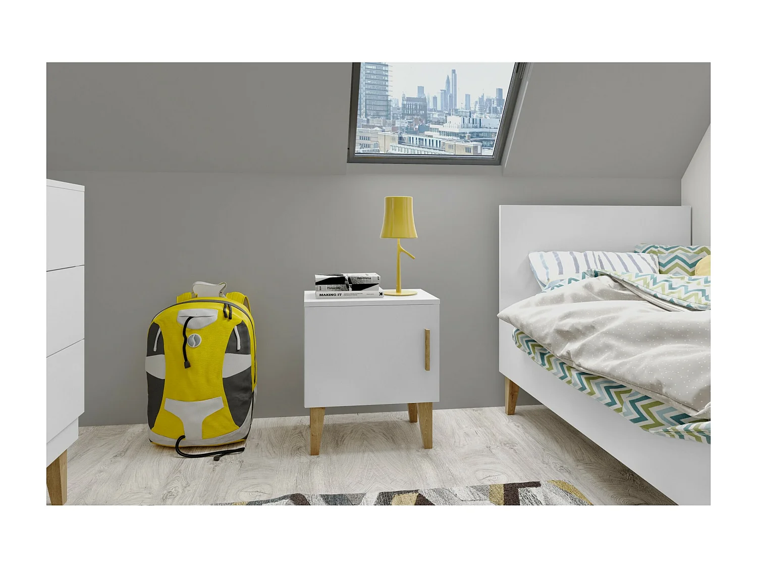 Chevet enfant blanc et pieds en bois de chêne Blanka