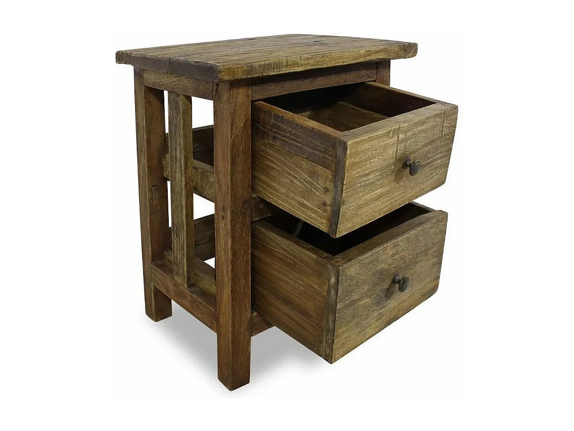 Table de chevet 2 tiroirs bois massif foncé recyclé Indula