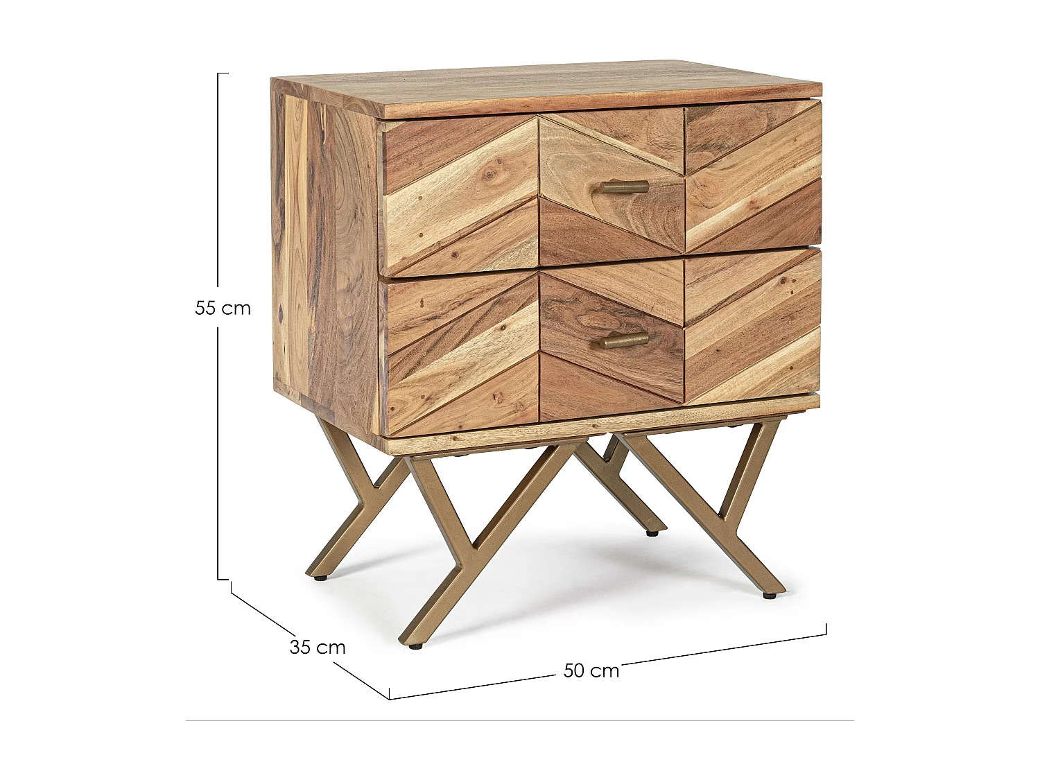 Table de chevet 2 tiroirs bois d'acacia et pieds acier doré mat Dinka 50cm - Lot de 2