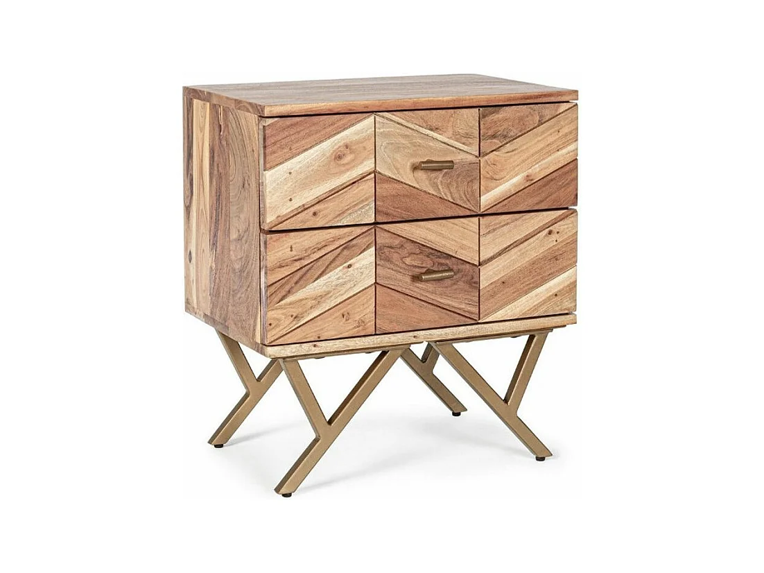 Table de chevet 2 tiroirs bois d'acacia et pieds acier doré mat Dinka 50cm - Lot de 2