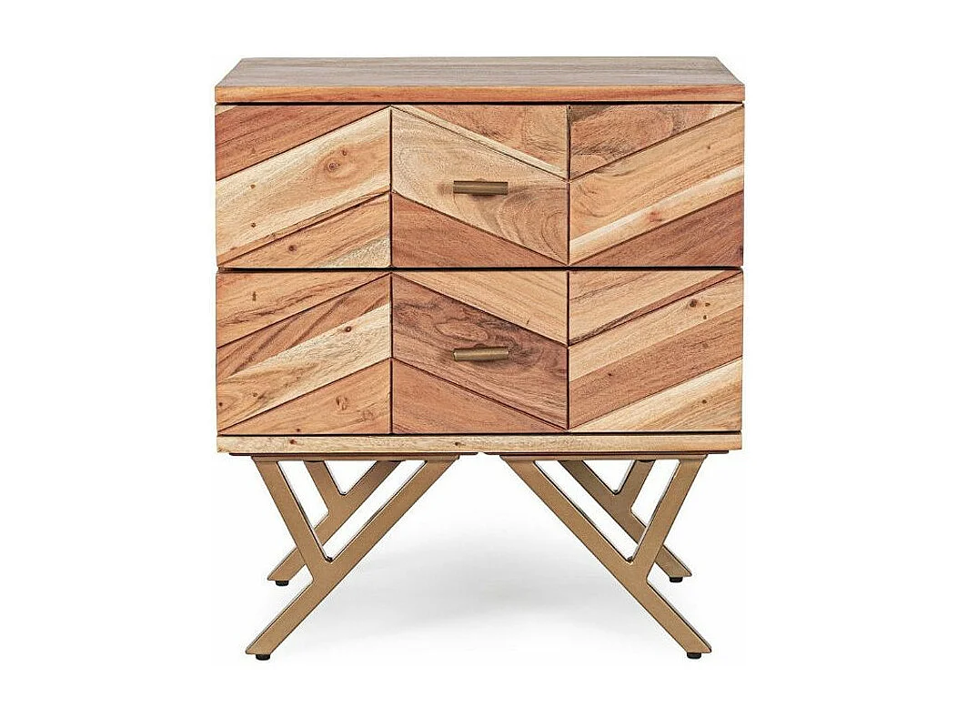 Table de chevet 2 tiroirs bois d'acacia et pieds acier doré mat Dinka 50cm - Lot de 2
