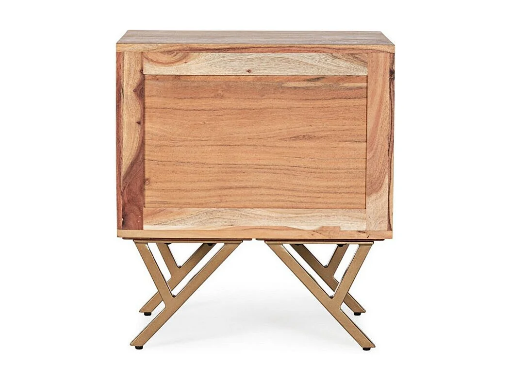 Table de chevet 2 tiroirs bois d'acacia et pieds acier doré mat Dinka 50cm - Lot de 2