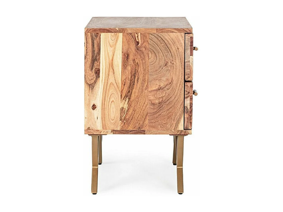Table de chevet 2 tiroirs bois d'acacia et pieds acier doré mat Dinka 50cm - Lot de 2