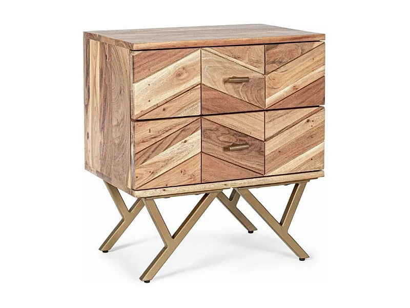 Table de chevet 2 tiroirs bois d'acacia et pieds acier doré mat Dinka 50cm - Lot de 2