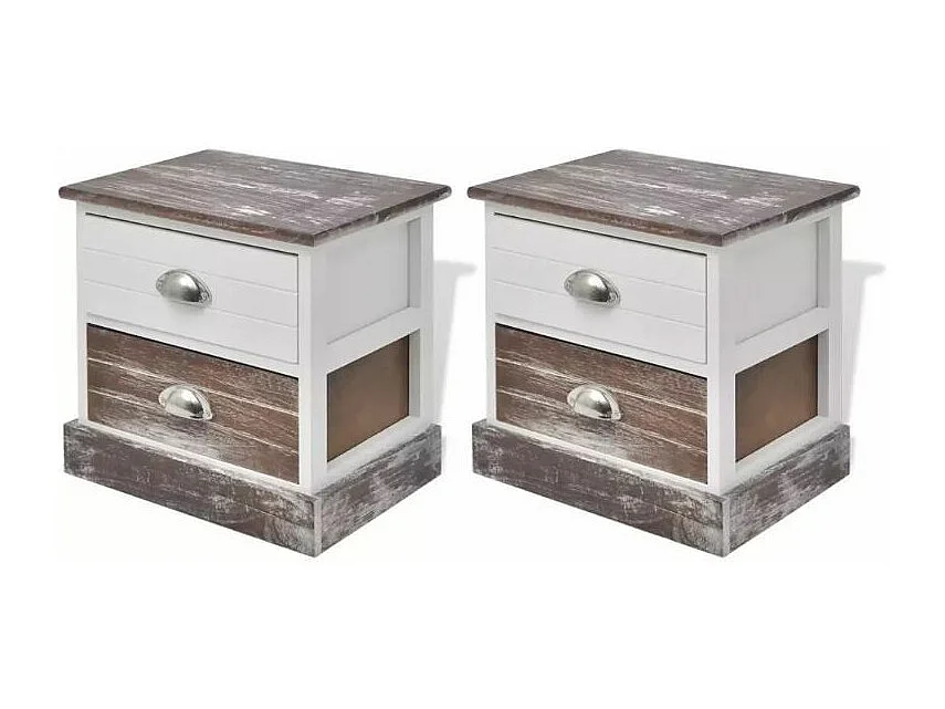Table de chevet 2 tiroirs bois paulownia foncé et blanc Poupa - Lot de 2