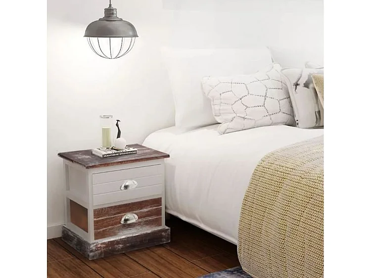 Table de chevet 2 tiroirs bois paulownia foncé et blanc Poupa - Lot de 2