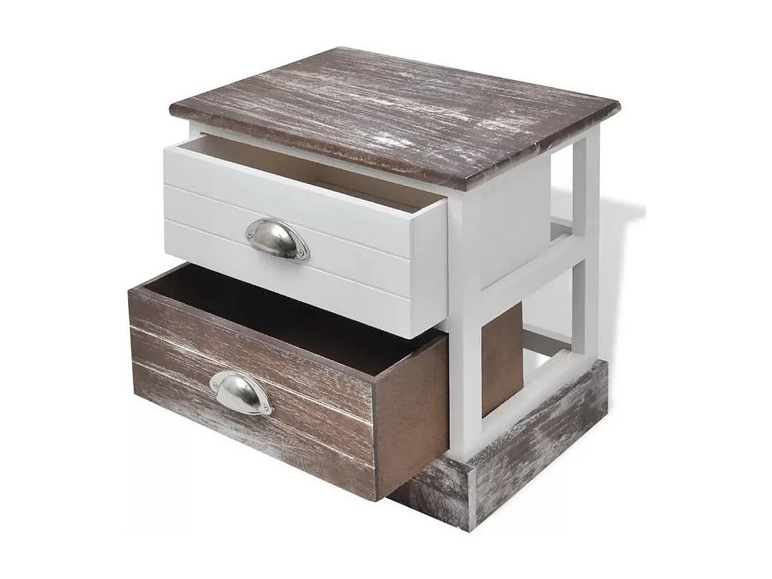 Table de chevet 2 tiroirs bois paulownia foncé et blanc Poupa - Lot de 2