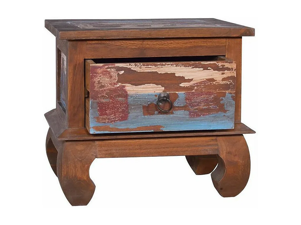 Table de chevet 1 tiroir teck massif récupéré foncé Piness