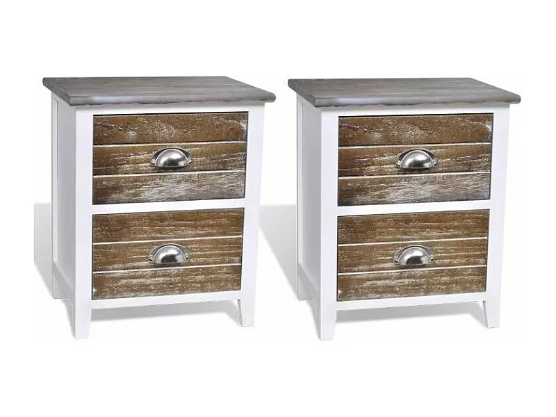 Table de chevet 2 tiroirs bois paulownia blanc et marron Poupa - Lot de 2