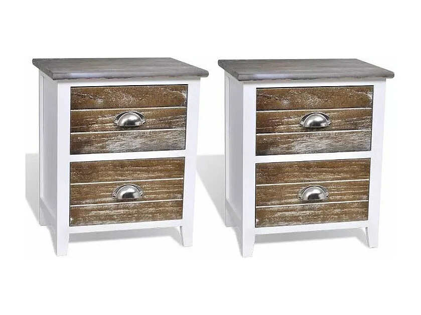 Table de chevet 2 tiroirs bois paulownia blanc et marron Poupa - Lot de 2
