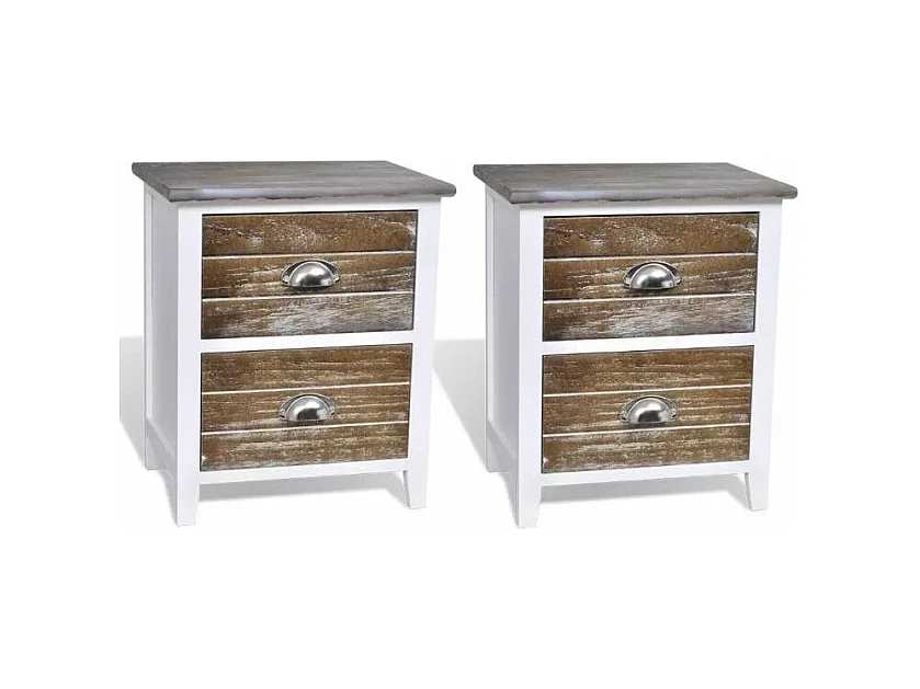 Table de chevet 2 tiroirs bois paulownia blanc et marron Poupa - Lot de 2
