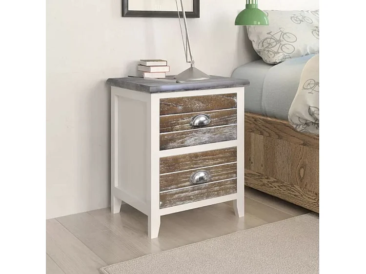 Table de chevet 2 tiroirs bois paulownia blanc et marron Poupa - Lot de 2