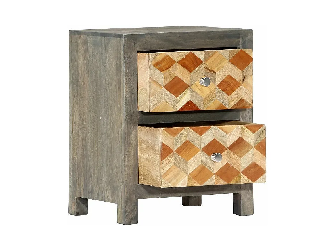 Table de chevet 2 tiroirs manguier massif gris et clair Misty